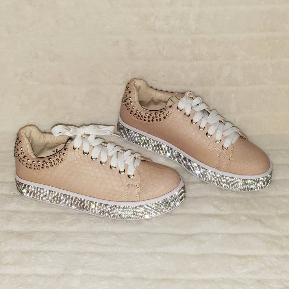 Bling Rhinestone Platform Sneakers Tennis Shoes Stud Collar Nude Snake